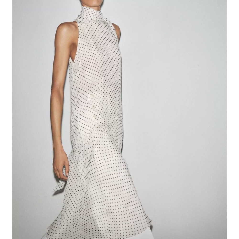 Zara Sleeveless High-Neck White Polka Dot Midi Dress